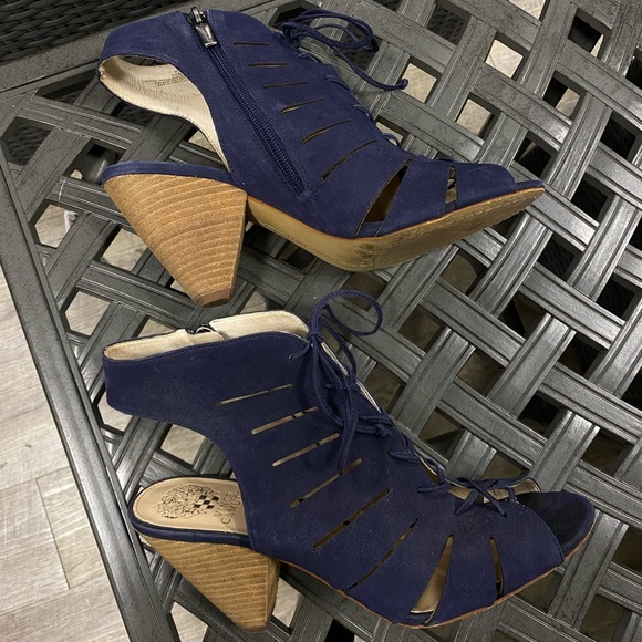 Vince Camuto Estie navy suede lace up cutout open toe heels - Picture 4 of 6